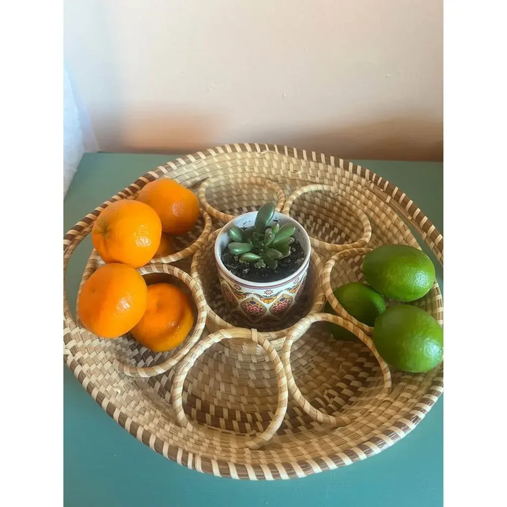 Handwoven Divided Basket Serving Tray | Fruit & Snack Caddy | 15” Diameter
